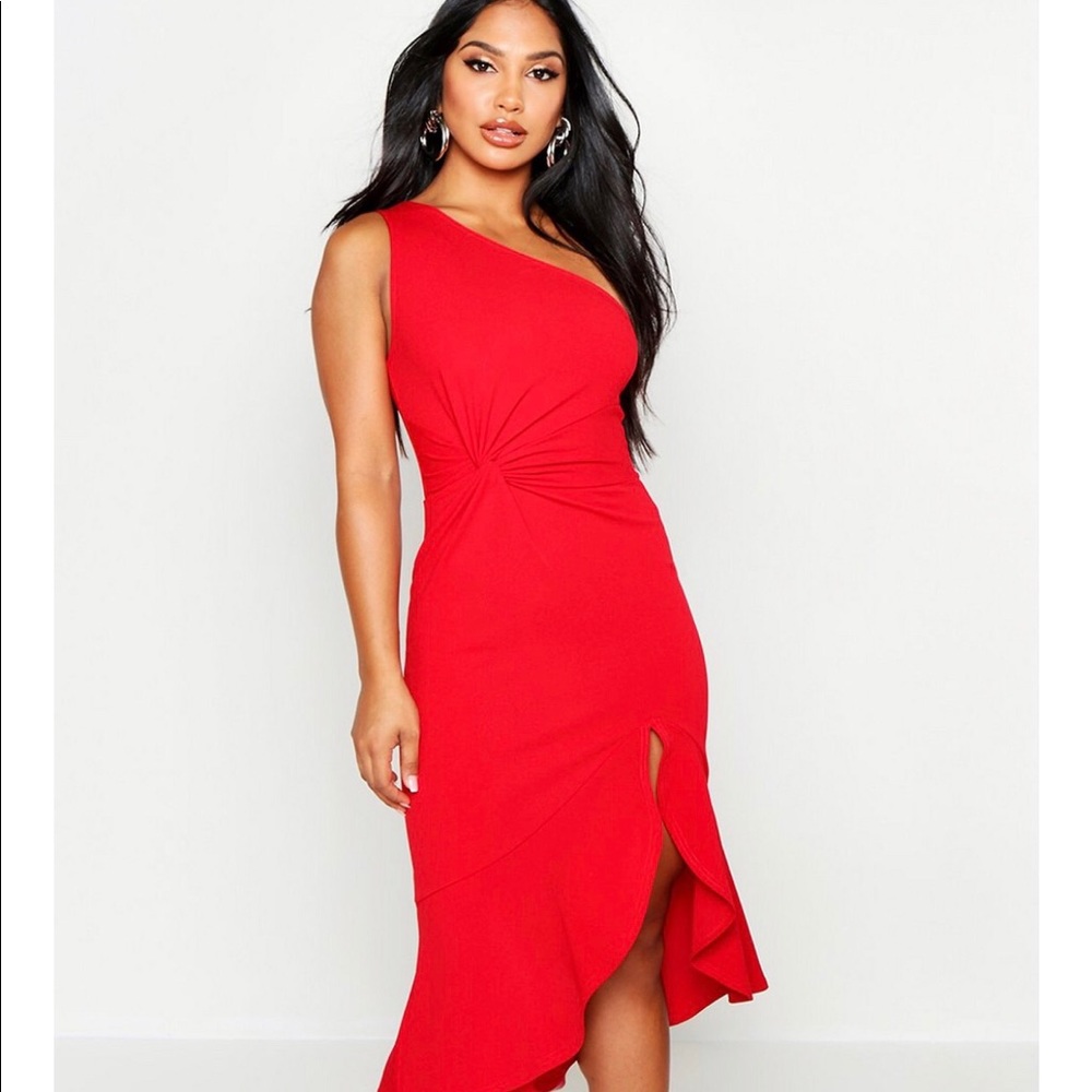 Red One Shoulder Midi Dress